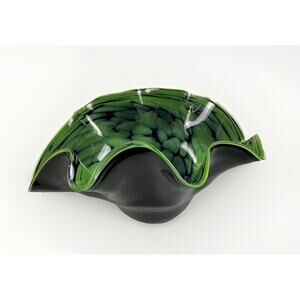 Vintage Murano Style Glass Bowl Large Green Black Bubbles Ruffled Edges Art